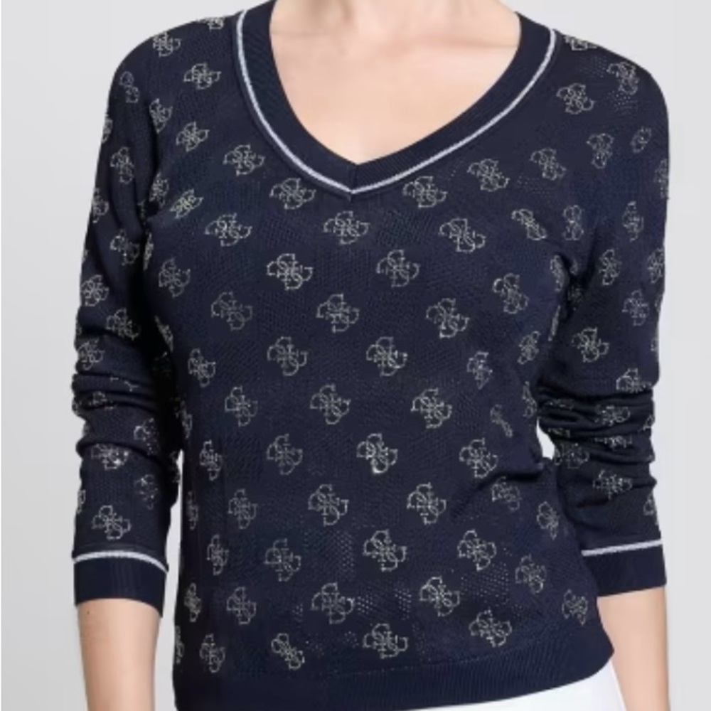 Guess Blue V-Neck Sweater with Floral Pattern